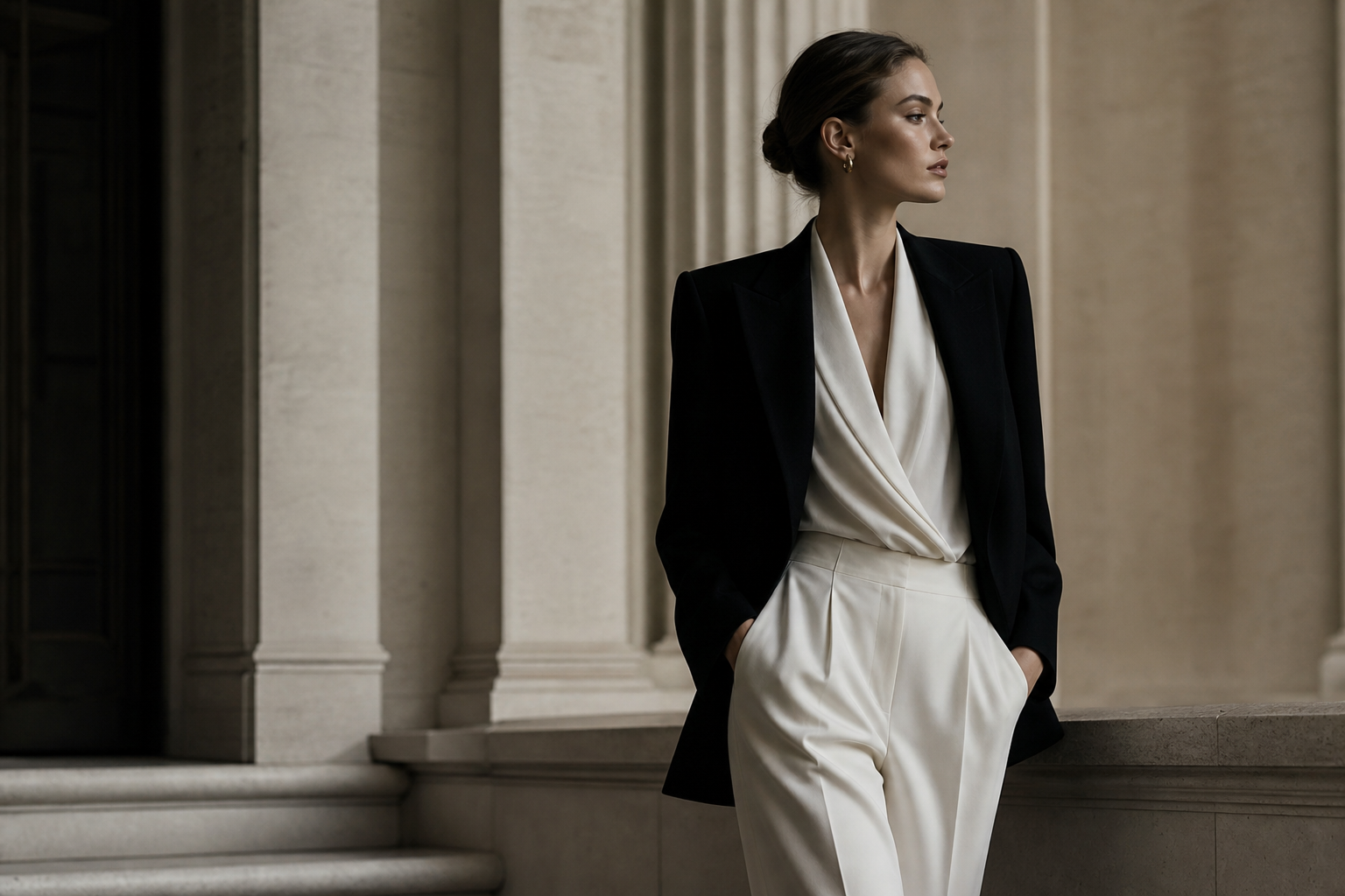 Softly desaturated black-and-ivory fashion portrait with a tailored silhouette in a calm stone interior, timeless composition, restrained contrast, and quiet luxury mood