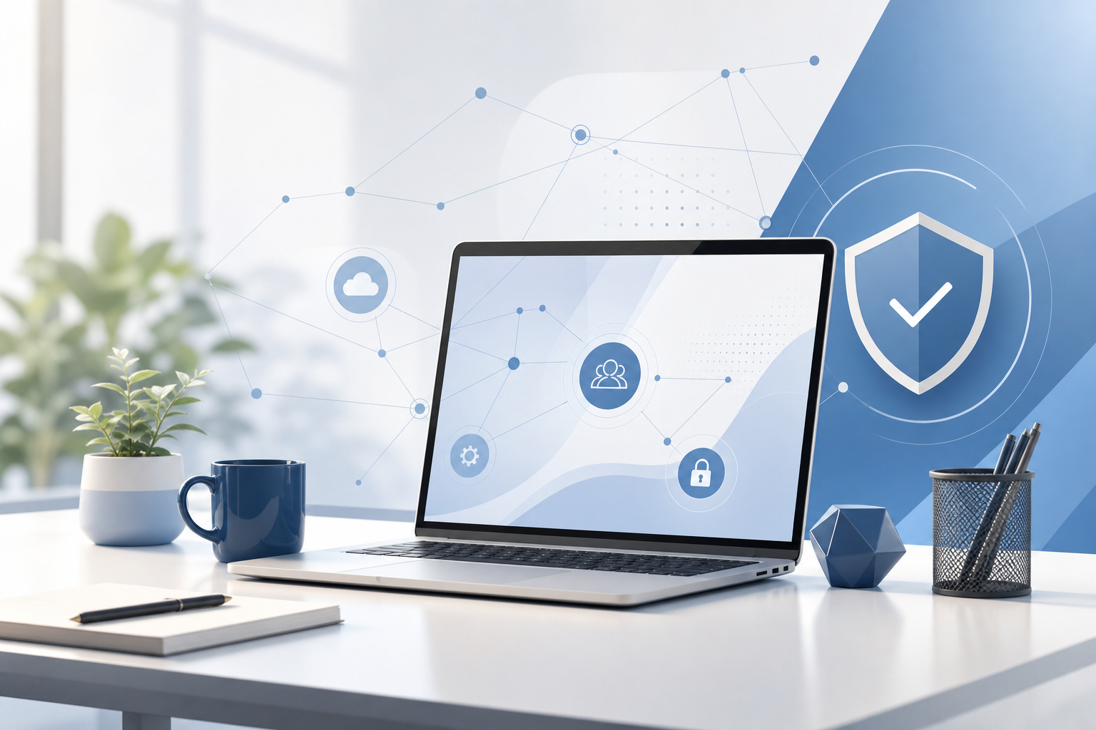 Clean corporate illustration with abstract network lines, a laptop workspace cue, and calm geometric accents representing secure and organized managed IT operations