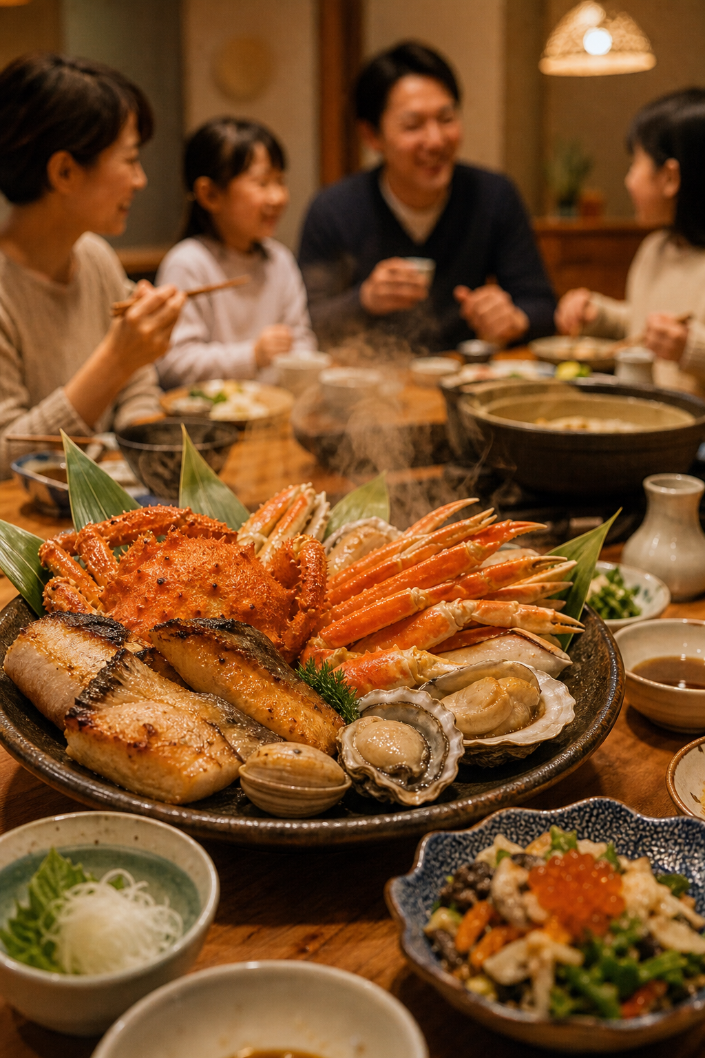 木のテーブルに並ぶ湯気立つ海鮮盛りと、家族や友人が温かく語らう食事風景