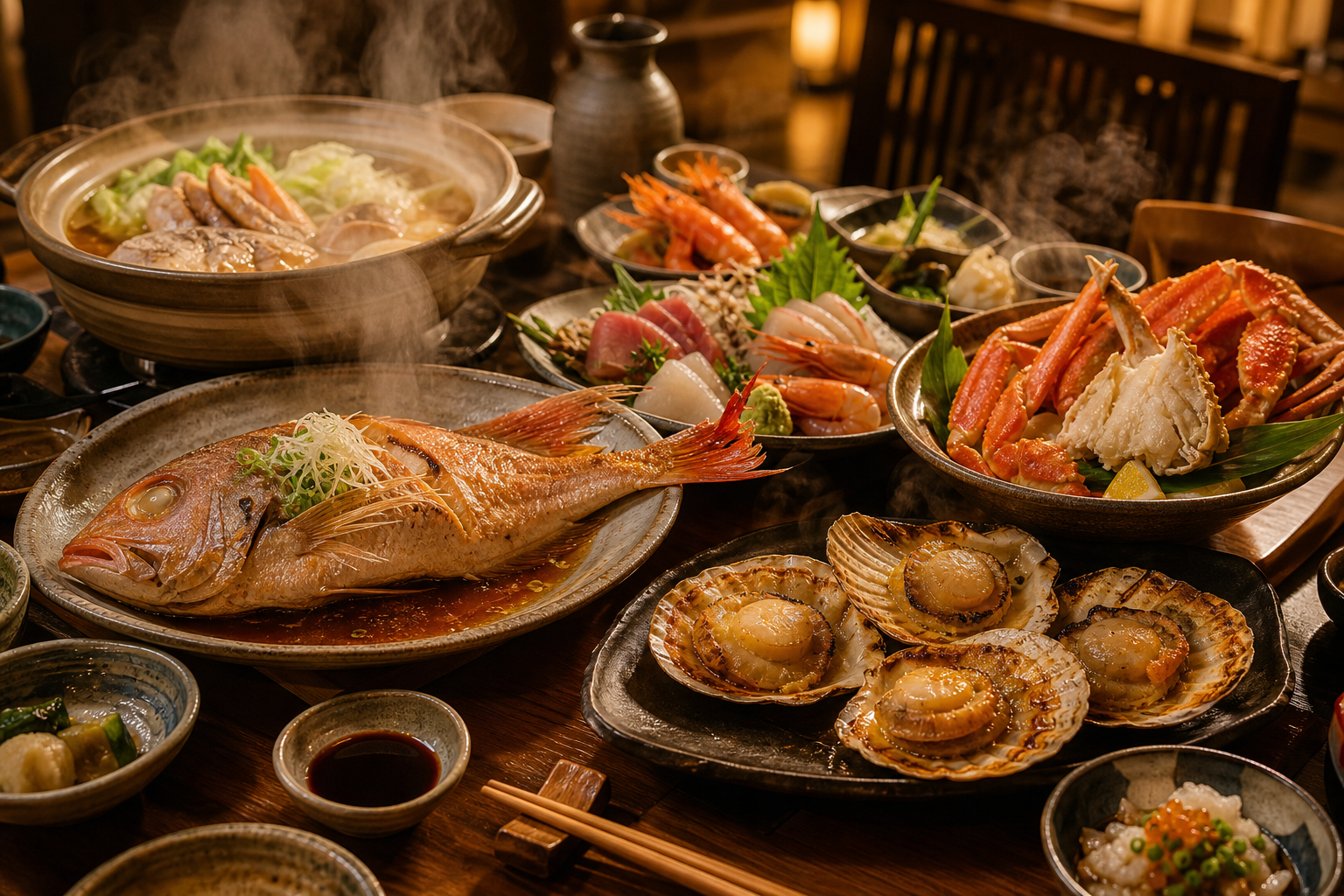 蒸し魚、焼き貝、カニ脚、熱々の汁物が並ぶ豪華な海鮮卓。木のテーブルに暖かな灯りと湯気が広がる