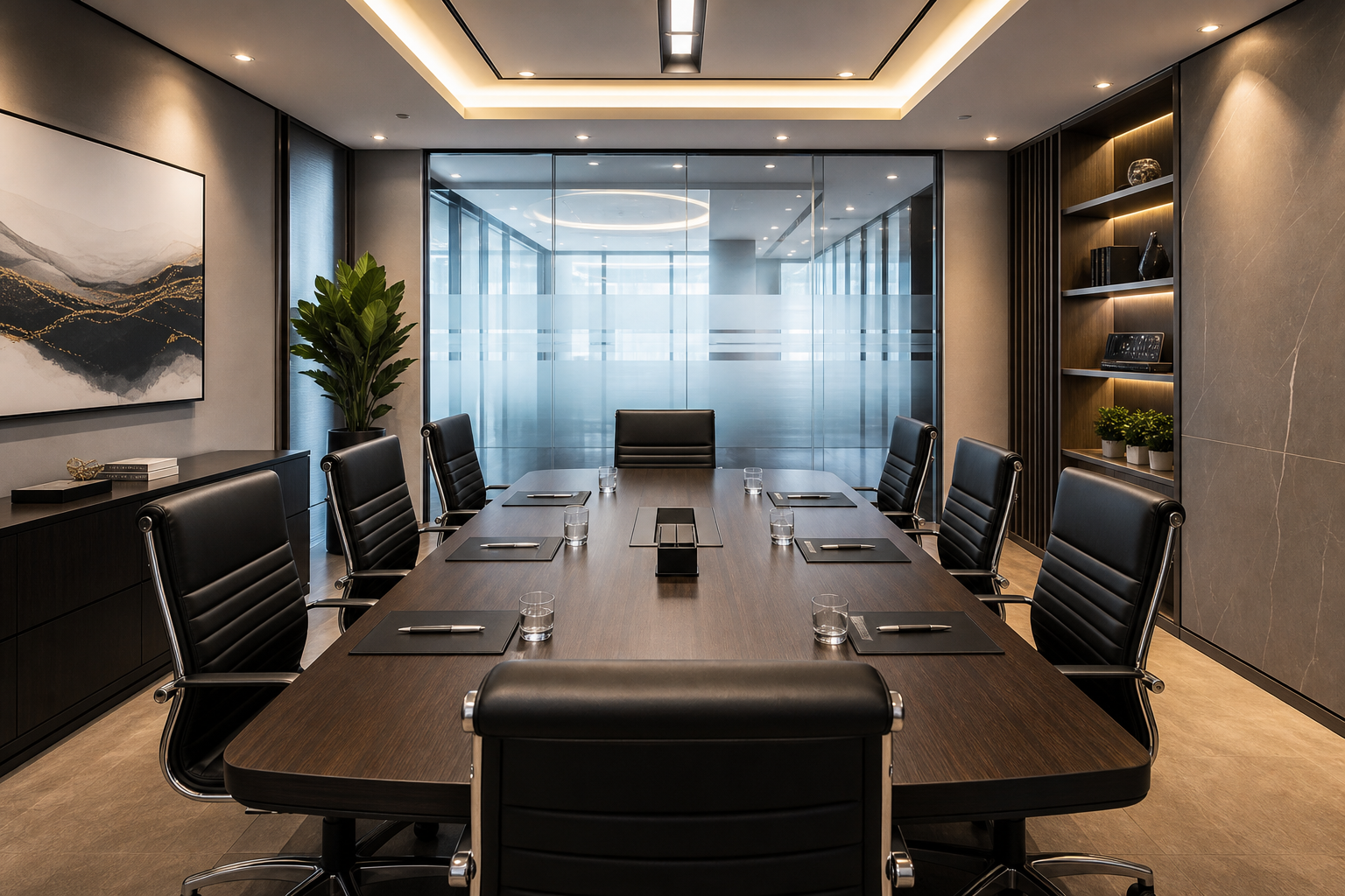 Sala de reuniões corporativa moderna com mesa de madeira escura, cadeiras de couro e iluminação elegante