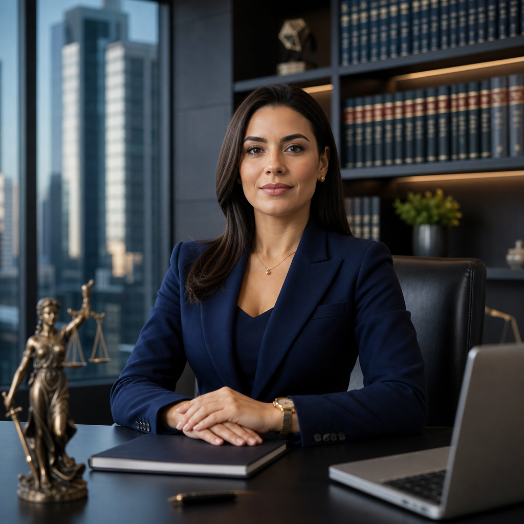 Advogada brasileira em escritório corporativo moderno, vestindo terno azul marinho, com postura confiante e fundo de livros jurídicos e skyline urbano