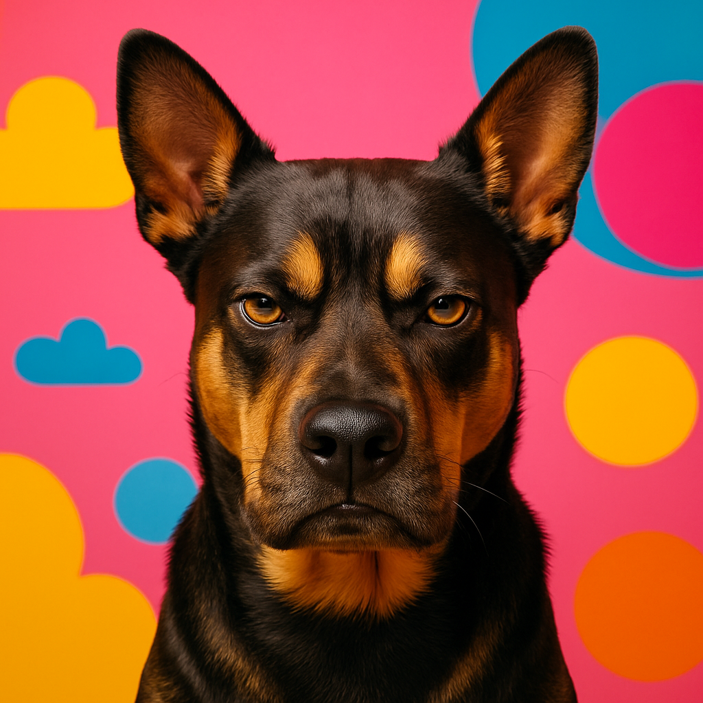 A dog with a dramatically serious expression, front-facing, in bright studio lighting, bold and playful background
