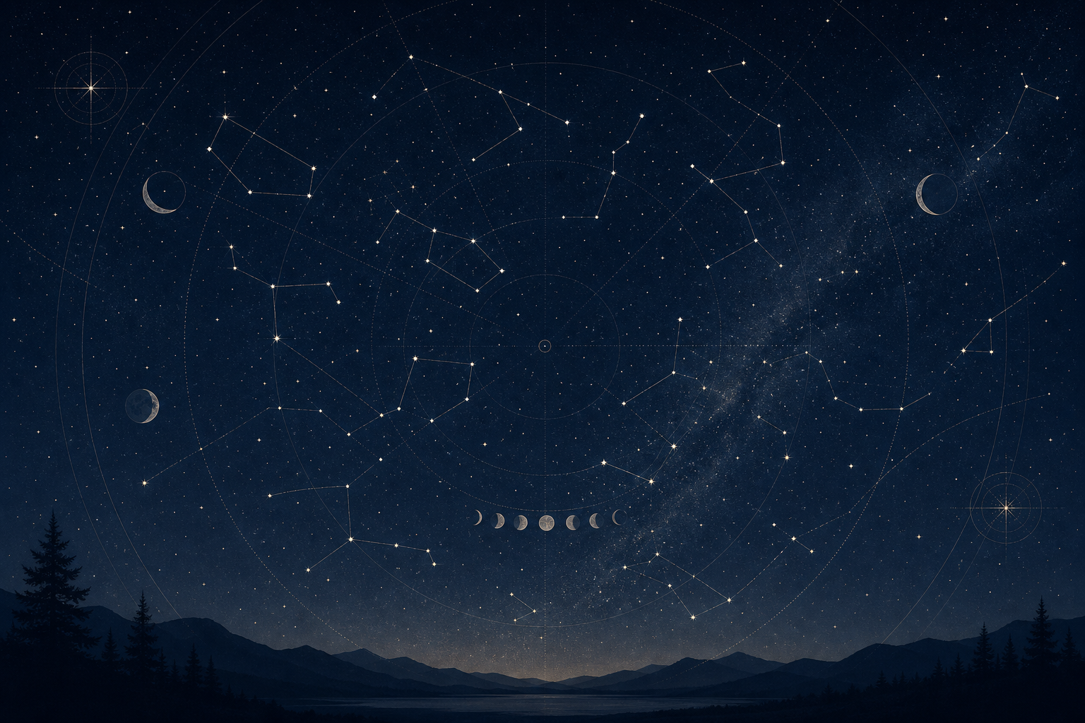 Stylized night sky chart with thin constellation lines, small moon-phase marks, and pinpoint stars arranged in a calm circular scientific layout