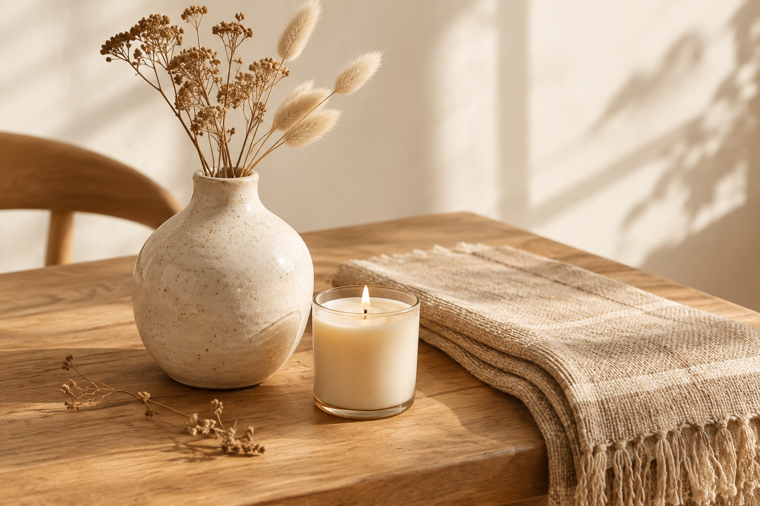 Sunlit handmade decor materials arranged on a warm wooden table, including a speckled ceramic vase, woven linen runner, dried stems, and an unlit soy candle with soft natural shadows