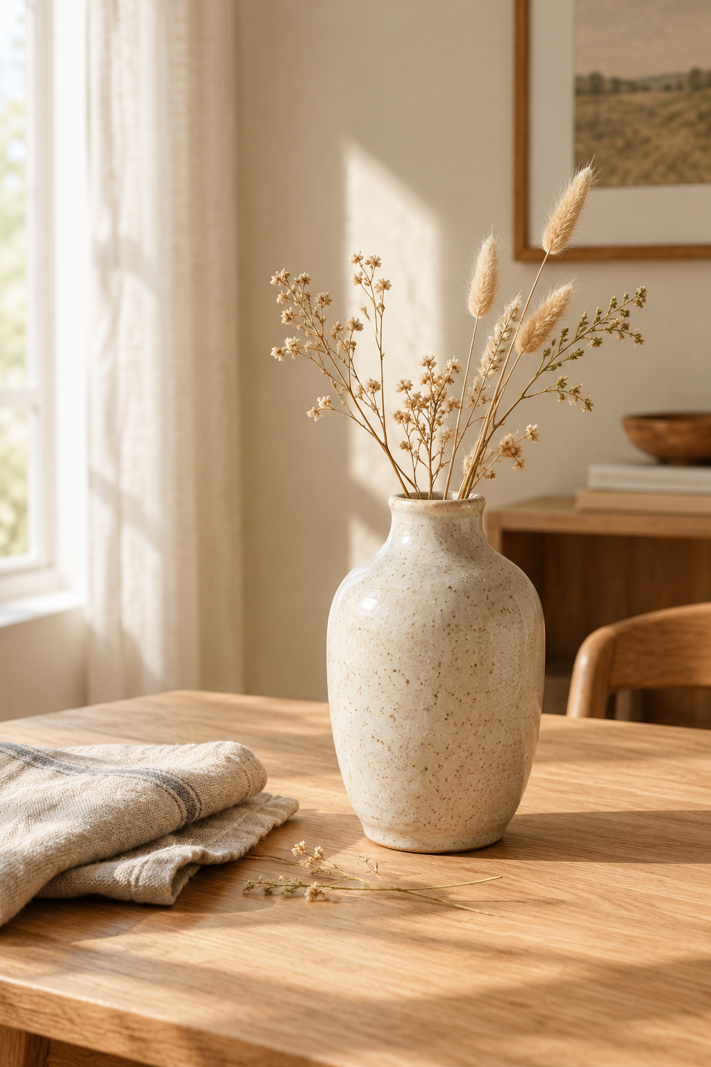 Styled handmade ceramic vase on a wooden table in warm natural window light with linen and dried stems