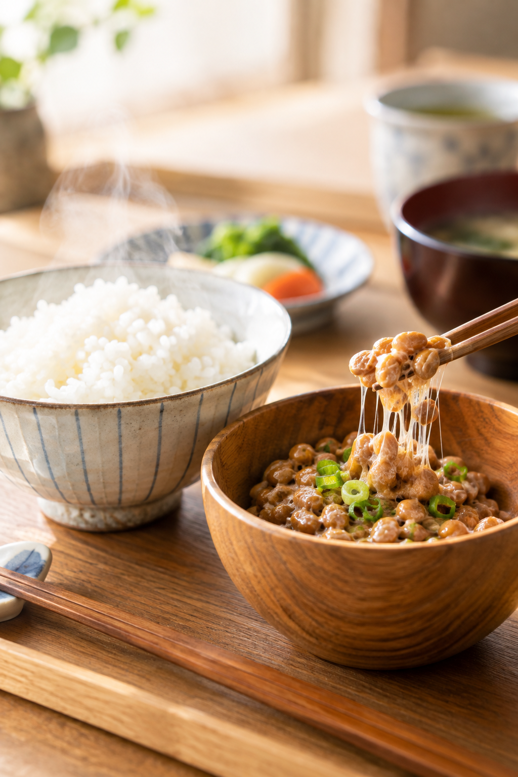 木目の器に盛られた糸引きの良い納豆と湯気の立つ白ご飯を寄りで写した上質な和食の朝食風景