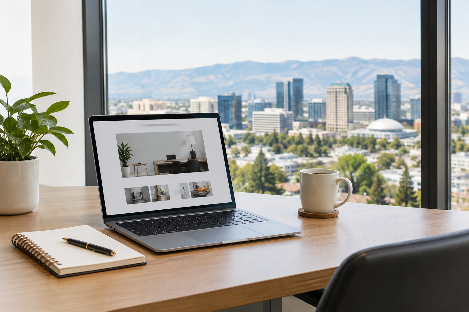 Modern professional workspace with an open laptop on a clean desk and a subtle San Jose skyline visible through the background windows