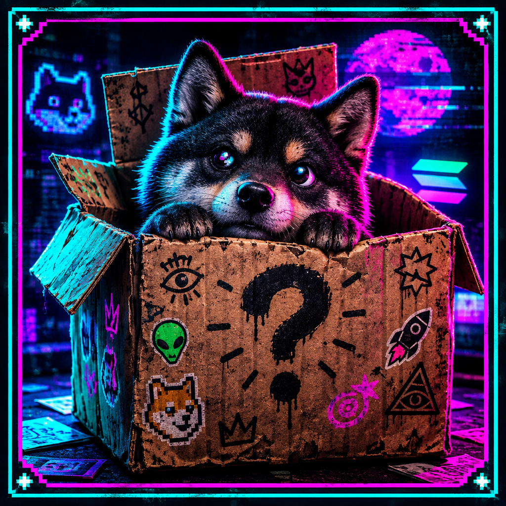 Small framed portrait of Mysterious Inu peeking from a cursed cardboard box with neon glow and chaotic sticker doodles