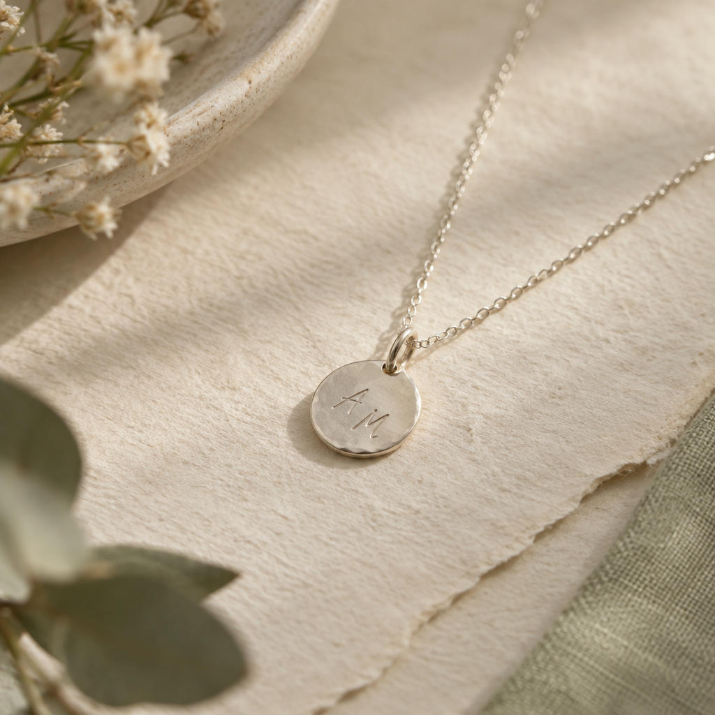 Fine silver pendant necklace showing delicate hand-engraved initials