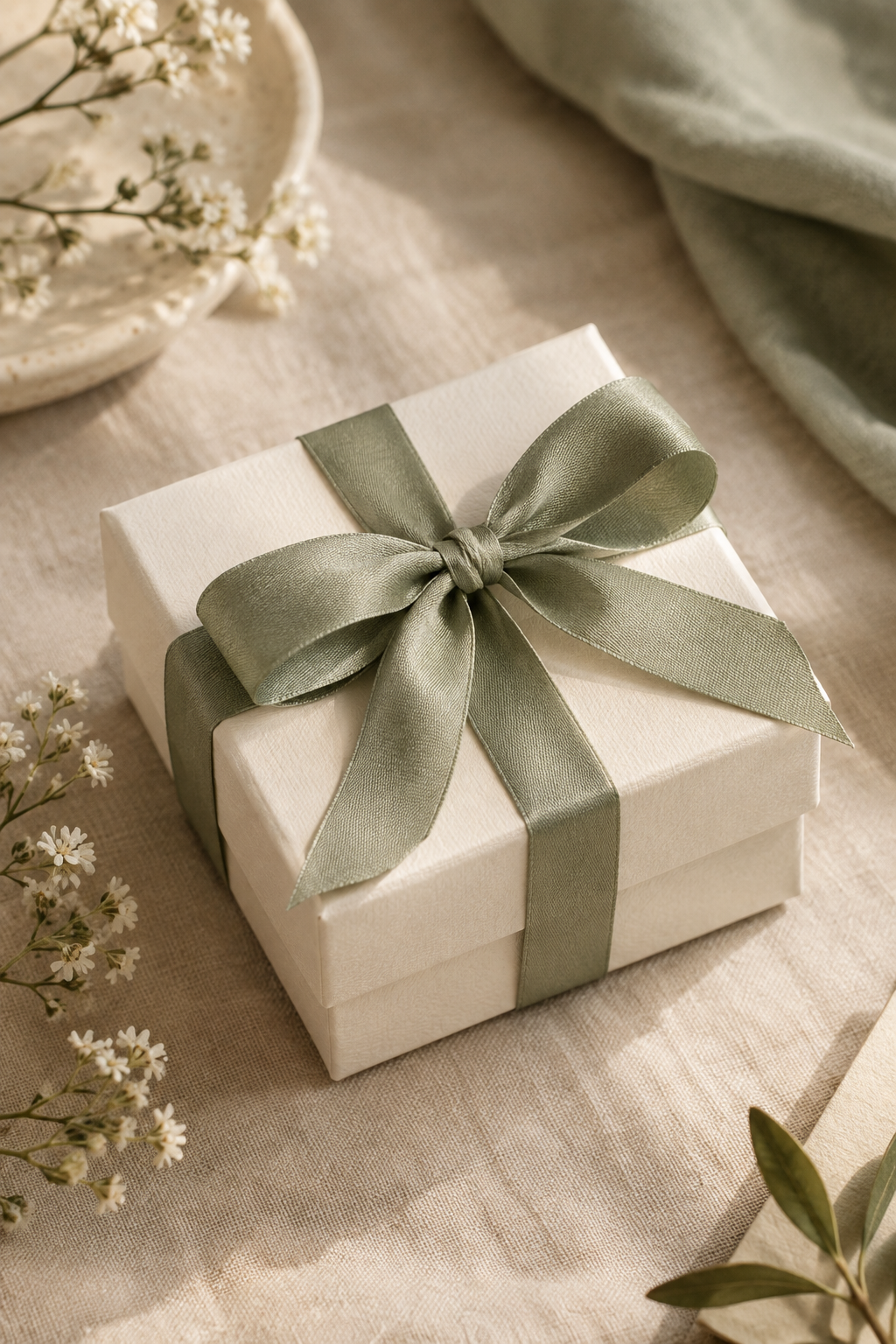 Warm ivory jewelry keepsake box tied with a sage-green silk ribbon