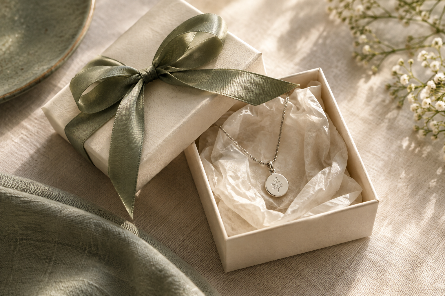 Small sage ribbon-tied jewelry box holding a delicate silver keepsake