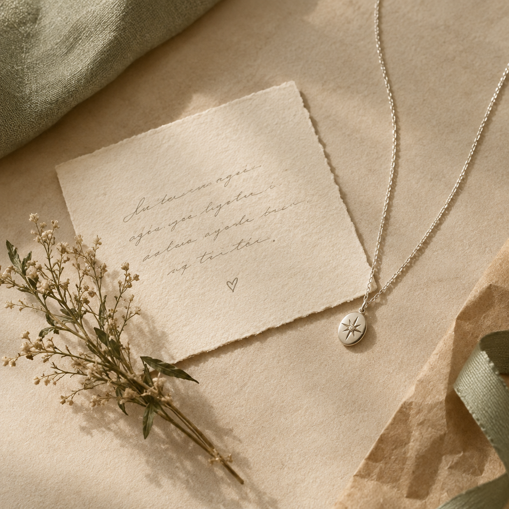 Cream gift note card with a handwritten message beside a delicate silver necklace