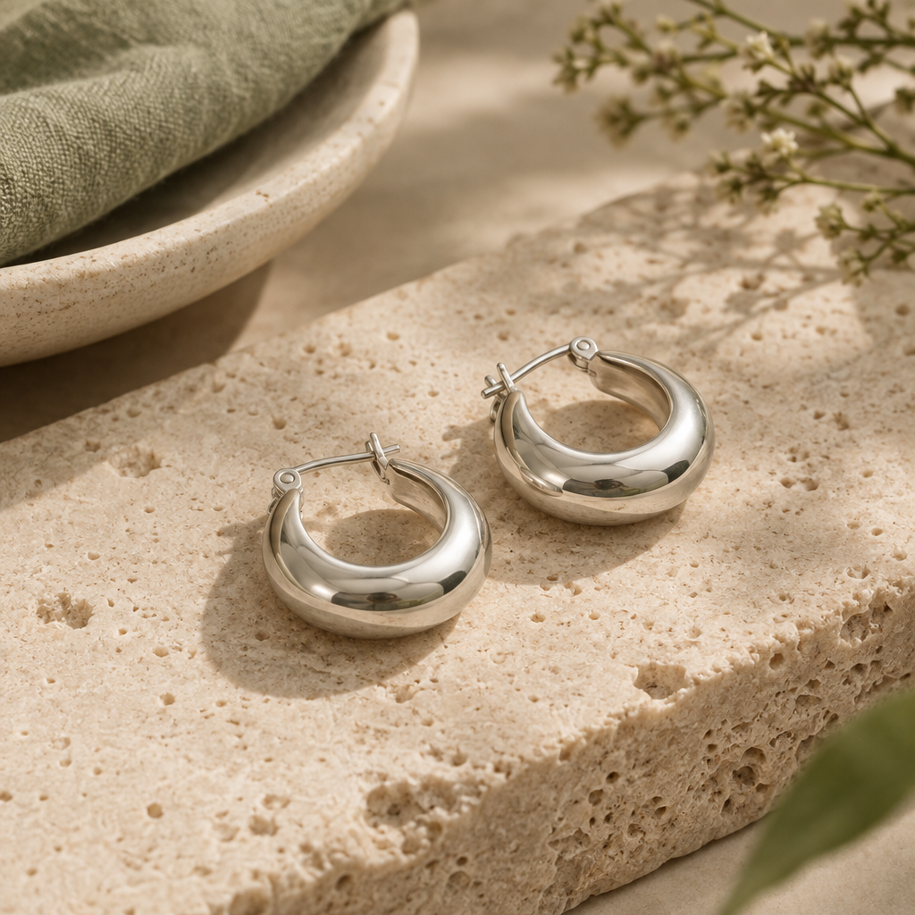 Pair of softly sculptural polished silver hoop earrings on a pale stone surface