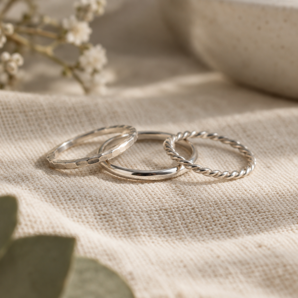 Three slim handcrafted silver stacking rings with varied hammered and smooth textures