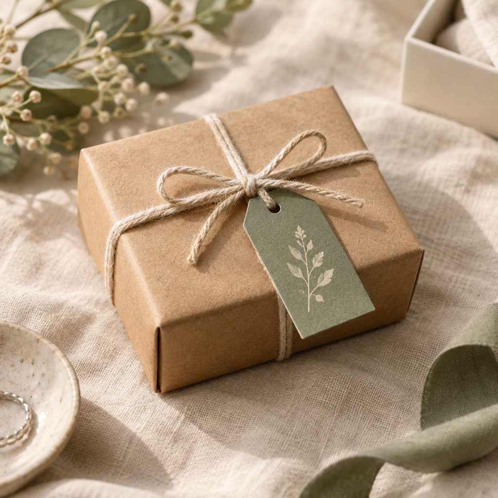Small kraft jewelry parcel wrapped in natural twine with a sage-green botanical tag
