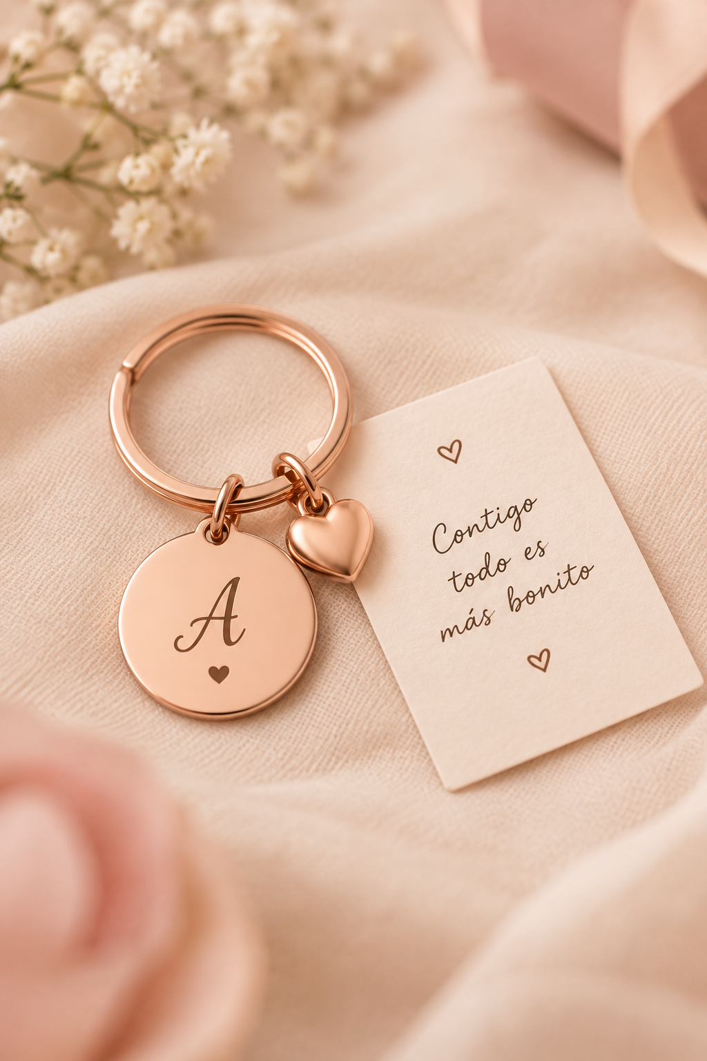 Llavero personalizado elegante en tono dorado rosa con inicial grabada y pequeña tarjeta con frase romántica, presentado en primer plano sobre tela clara
