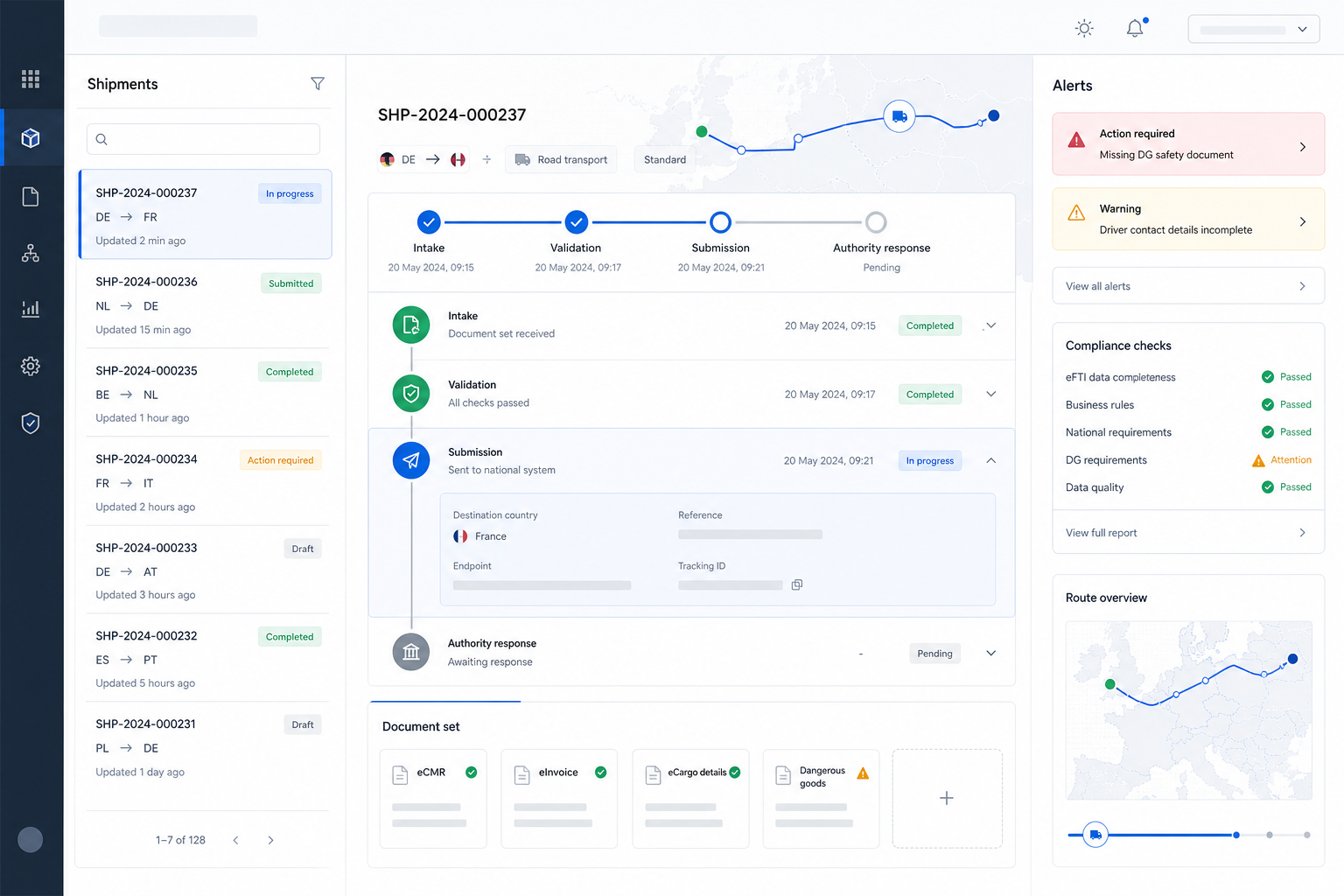 Platform overview panel showing shipment workflow states, document validation, and authority submission queue