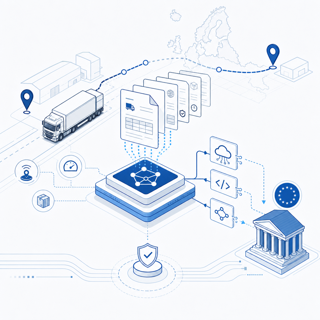 Abstract technical illustration of structured freight documents, route lines, data cards, and compliant eFTI information exchange