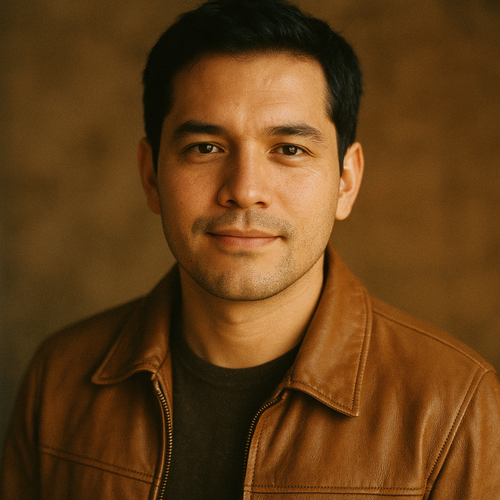 Man with short black hair and a tan leather jacket