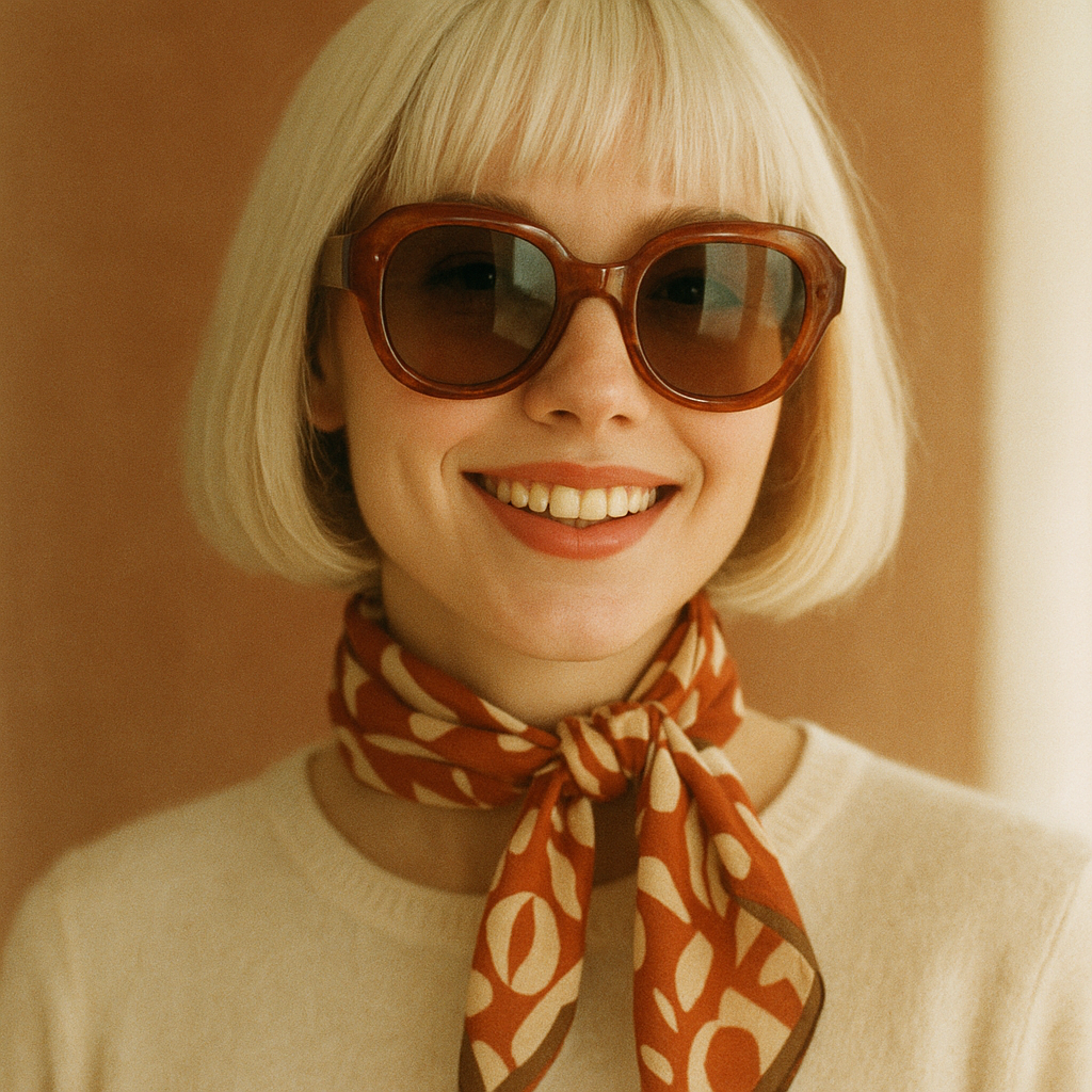Woman with platinum bob haircut wearing oversized sunglasses