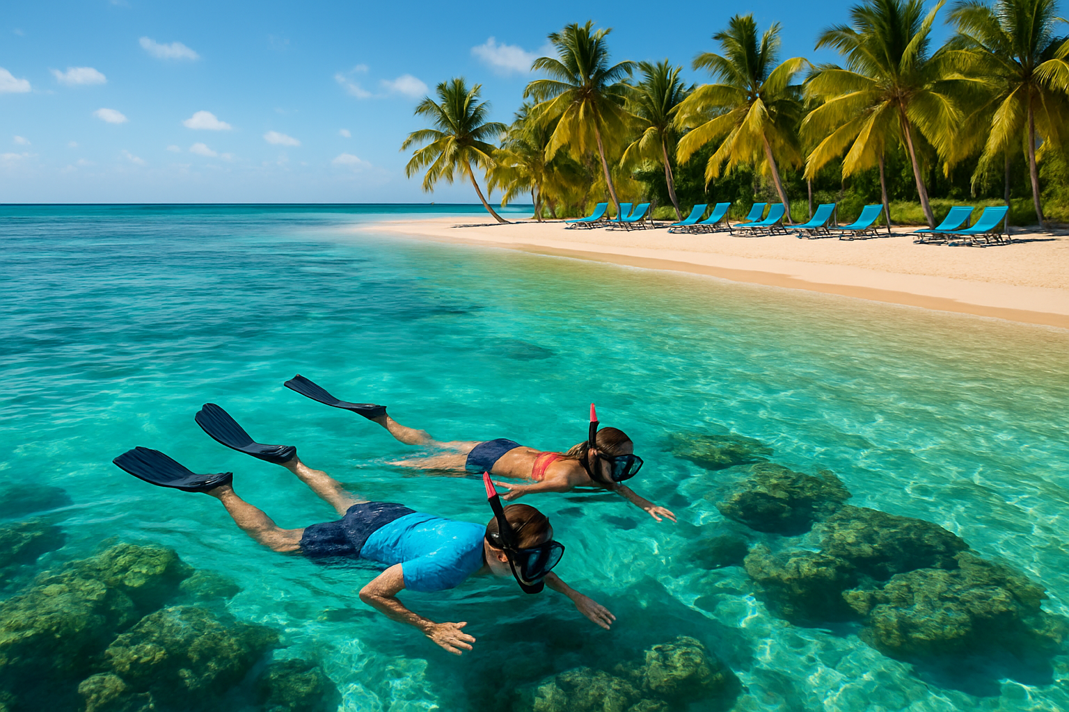 Cruise guests snorkeling above a turquoise reef with a bright sandy beach and palm loungers in Mahahual