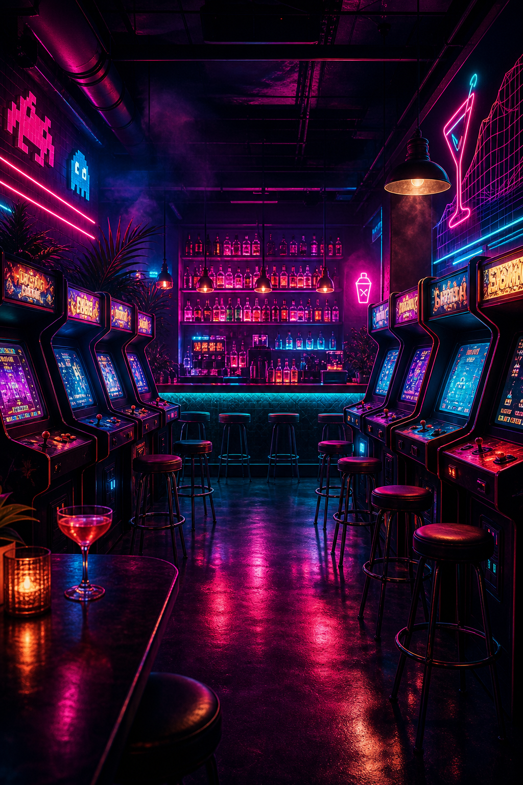 Stylized interior of a retro arcade bar with glowing cabinets, neon reflections, and an illuminated cocktail counter