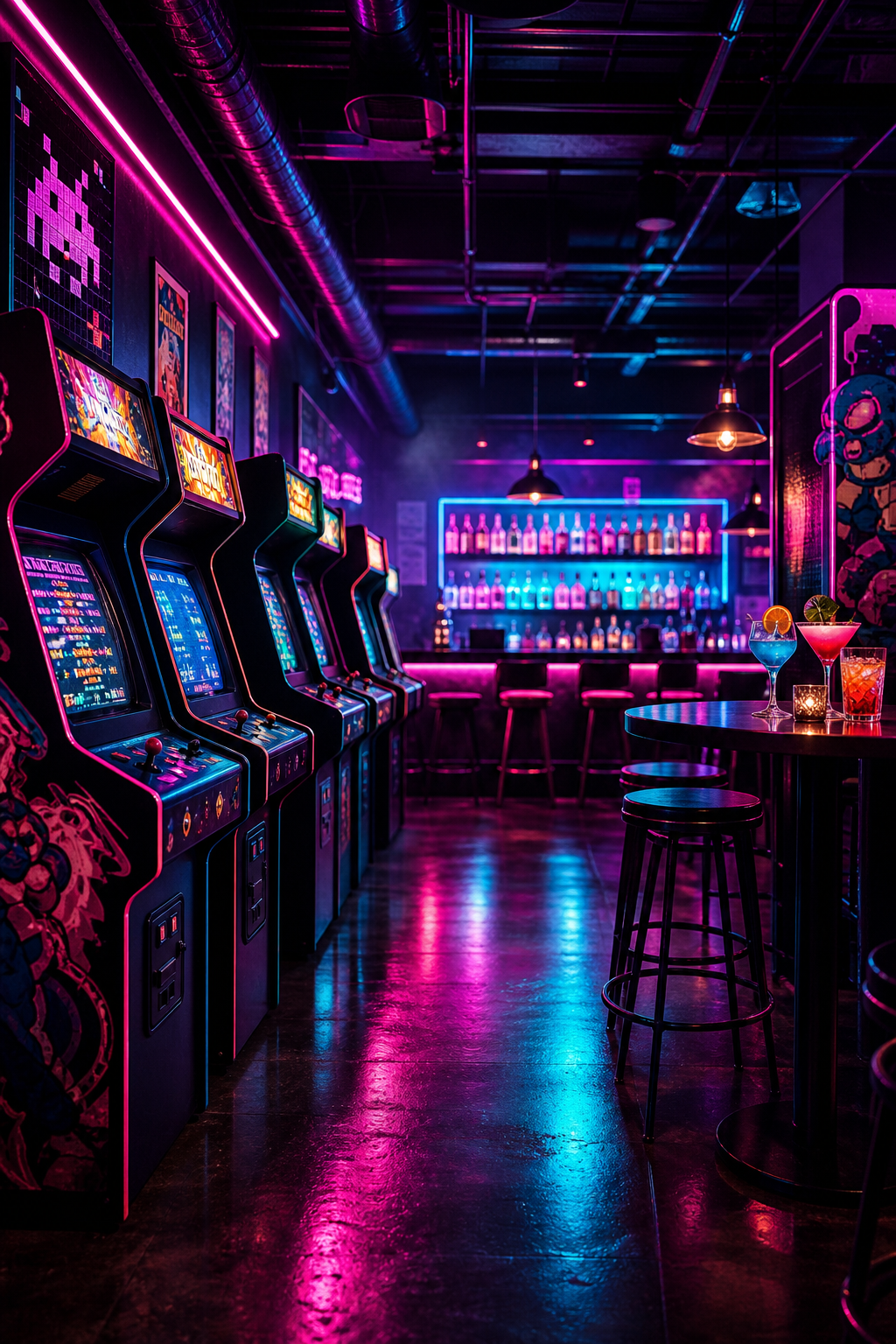 Moody retro arcade bar interior with glowing game cabinets, neon reflections across polished surfaces, and colorful cocktails at a lively counter