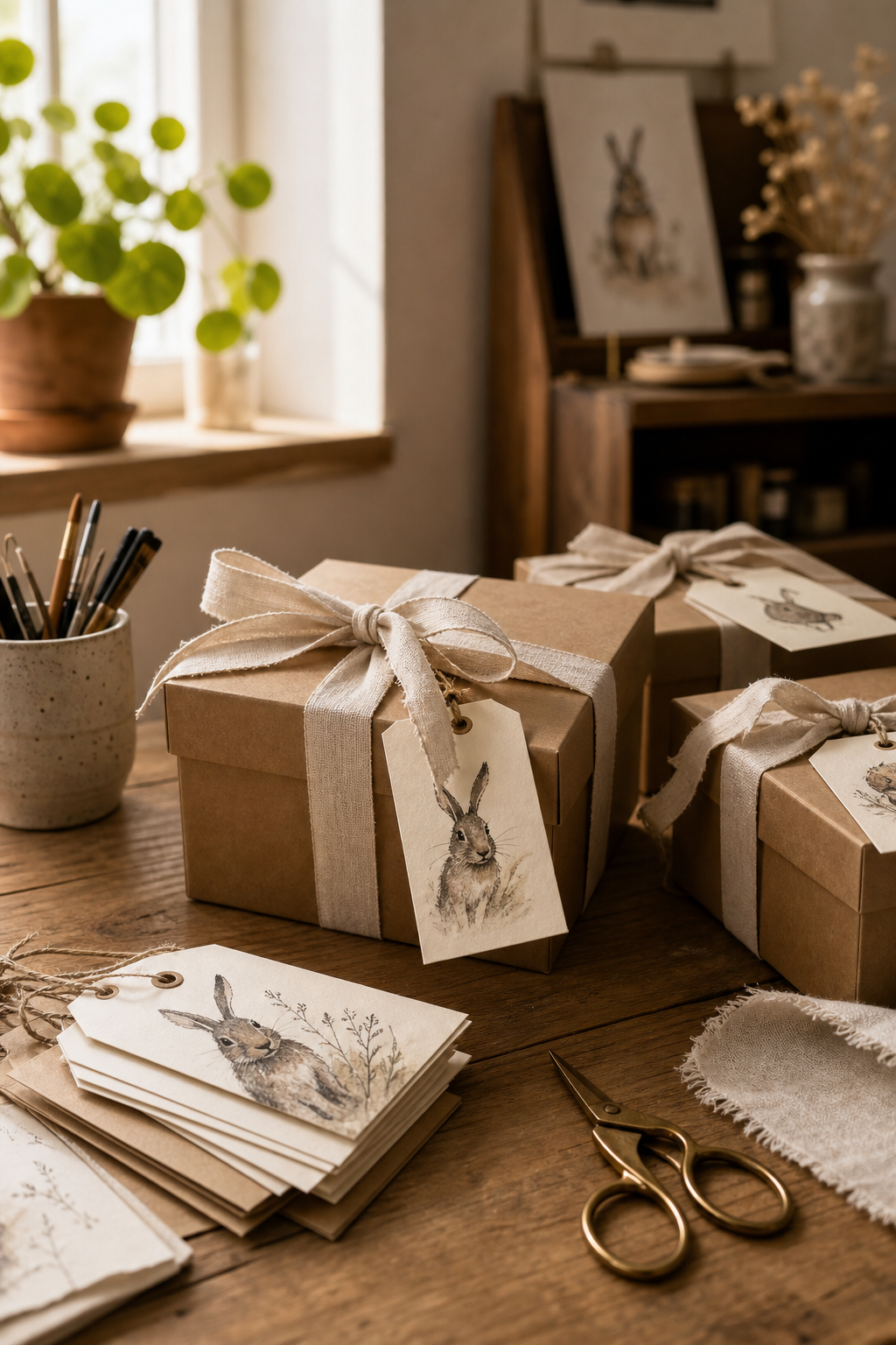 Sunlit artisan studio table with wrapped handmade parcels, linen ribbon, and close-up craft tools