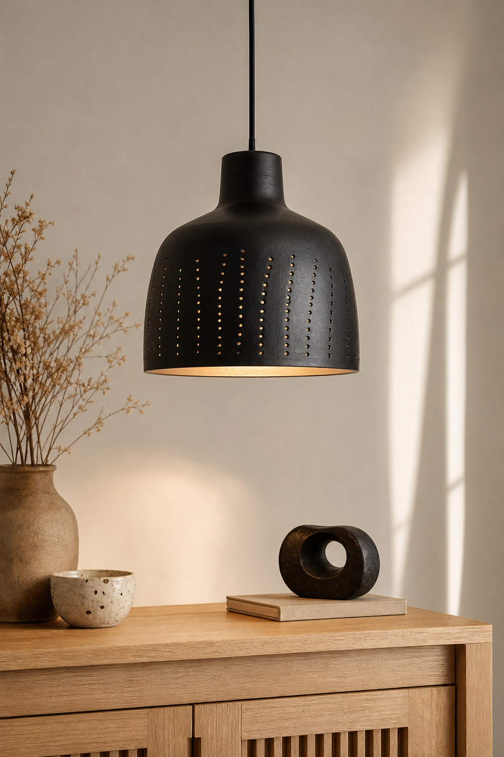 Minimal handcrafted pendant light in matte black metal hanging above a textured oak console in warm daylight