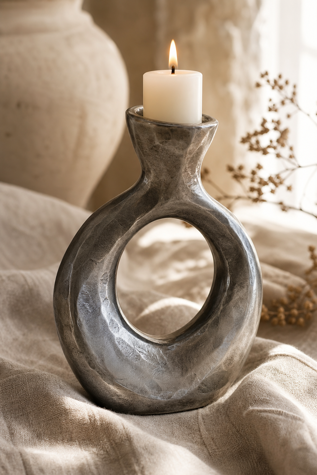 Close-up of a handcrafted sculptural candle holder in brushed steel with hand-hammered texture on linen backdrop