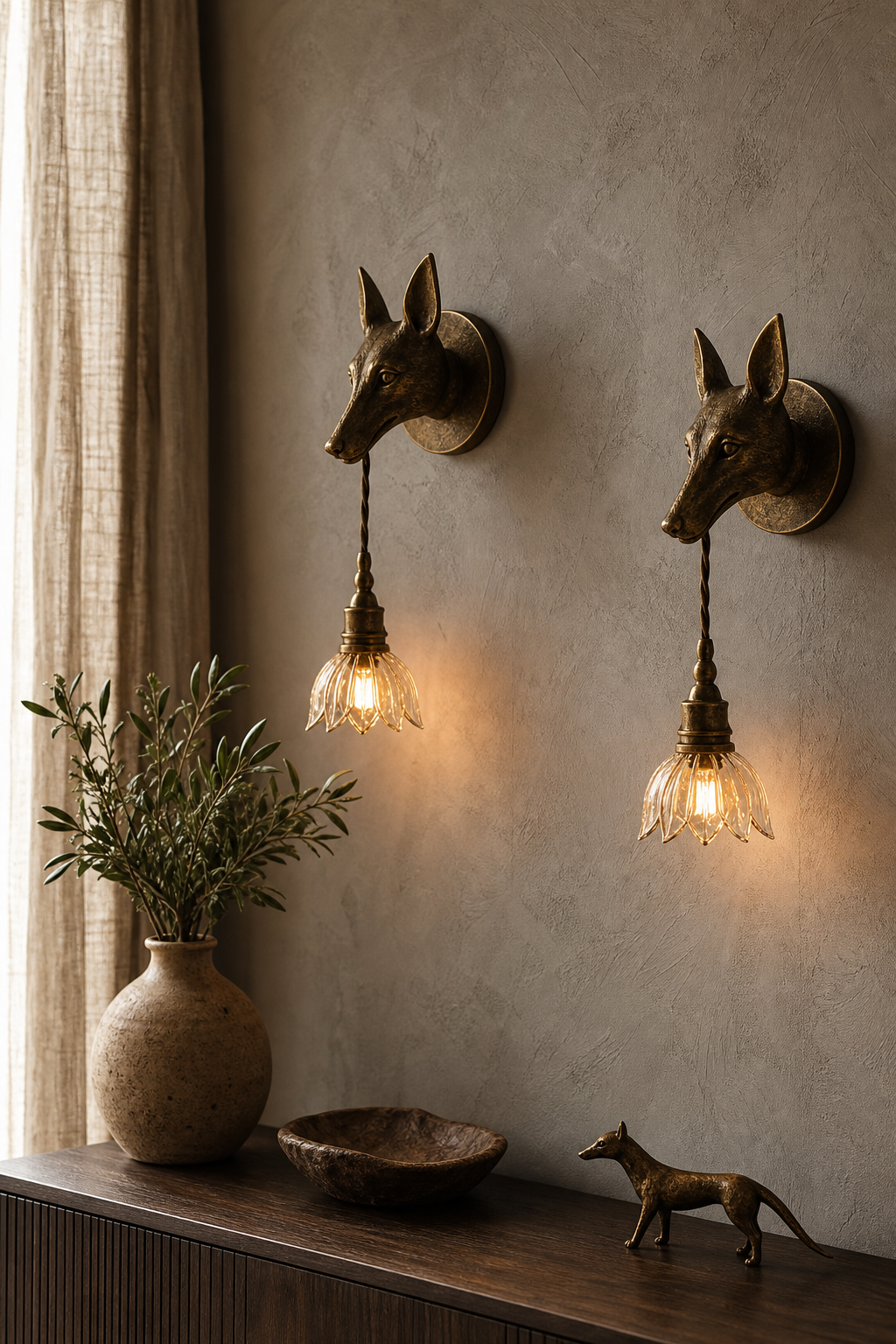 Artisanal wall-mounted light pair in aged bronze with soft glow, styled above a muted plaster feature wall