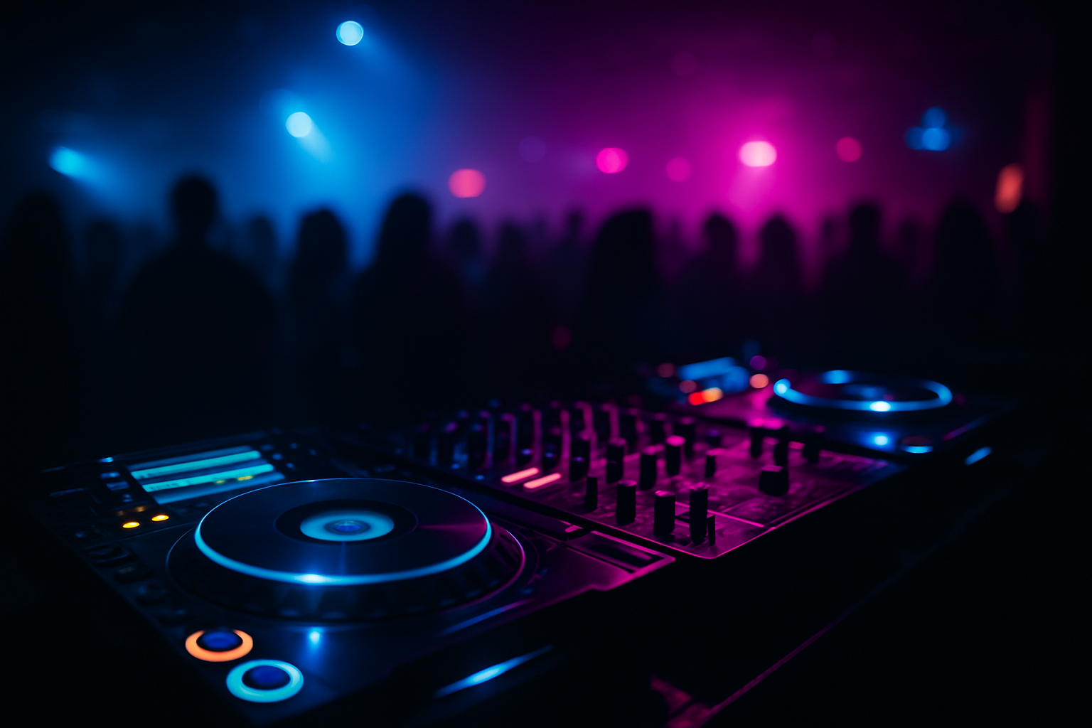 modern DJ booth with turntables, glowing neon lighting, and a blurred crowd in a dark nightclub