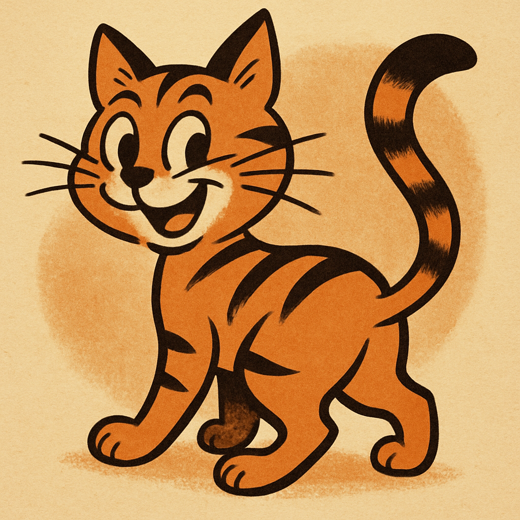 Retro mid-century cartoon cat in a different playful pose, looking over its shoulder with a swishing tail and a big, mischievous grin. The cat has soft, warm, muted oranges and browns, organic shapes, and a vintage, friendly style. Its whiskers and eyes are expressive, and it sits against a subtle, soft vignette that fits an artisanal, family-owned pet brand.