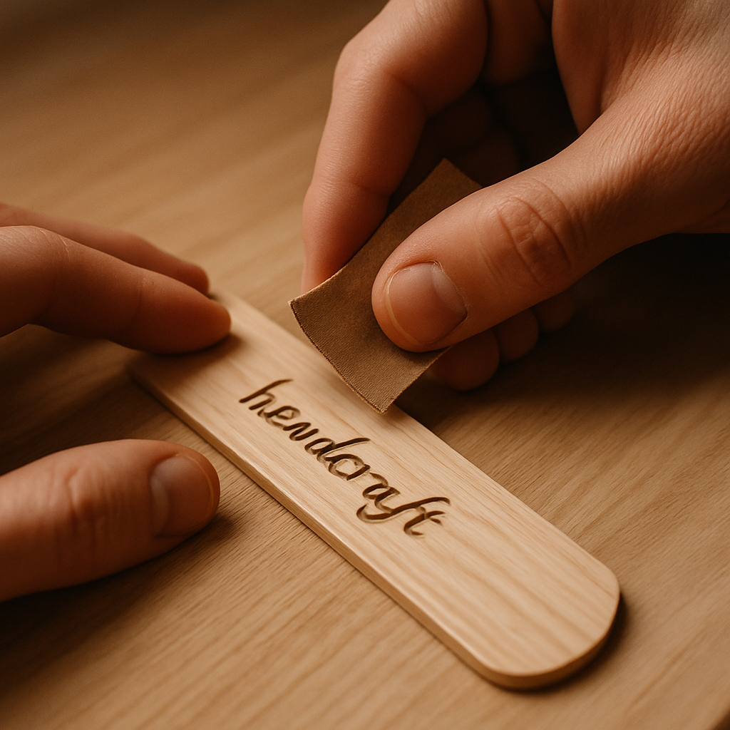 Close-up of hands sanding a custom engraved bookmark