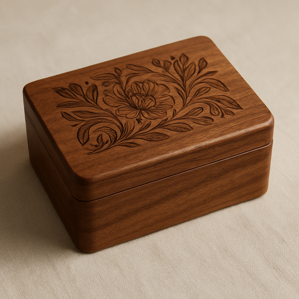Polished solid walnut jewelry box with engraved lid