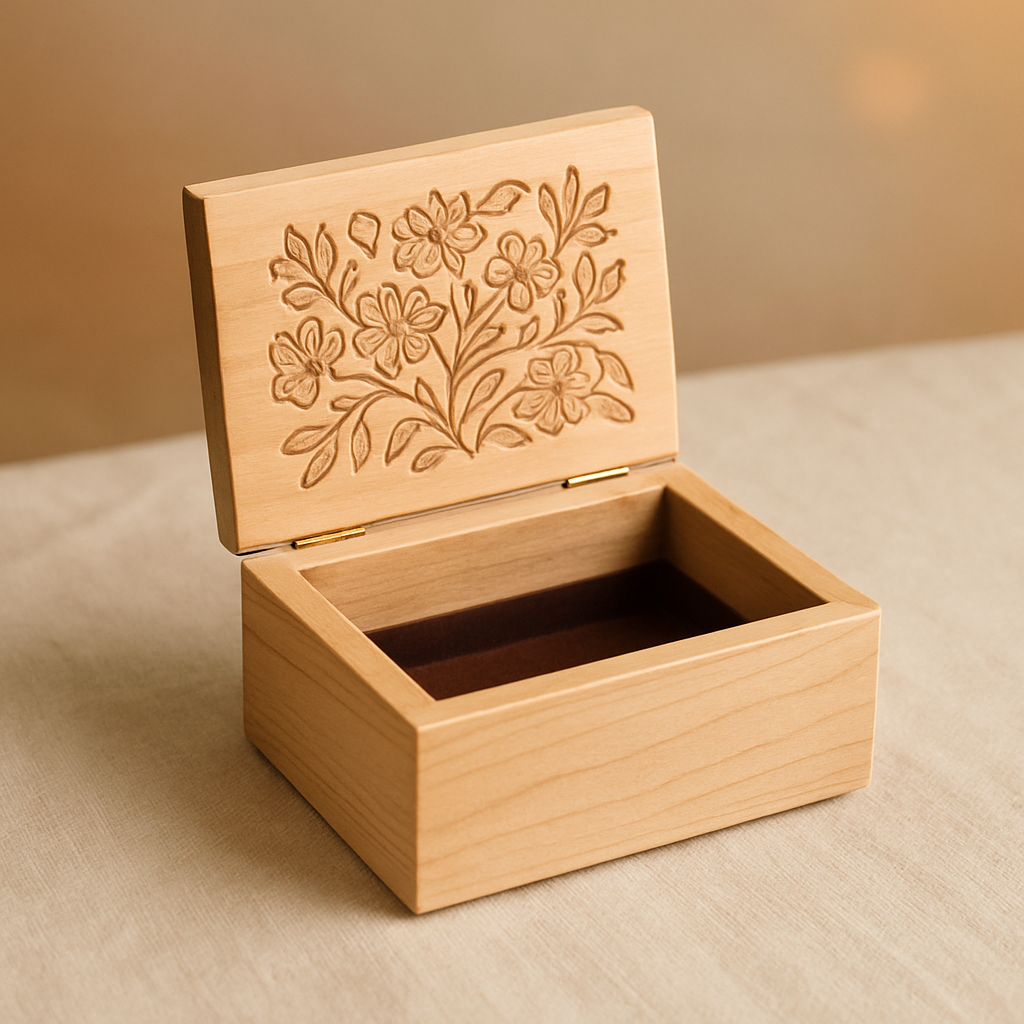 Engraved maple jewelry box with floral pattern
