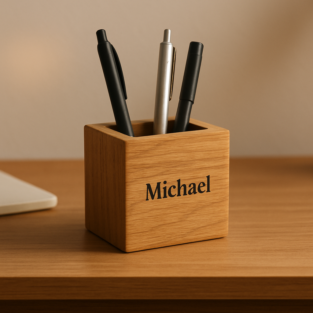 Personalized oak pen holder with engraved name