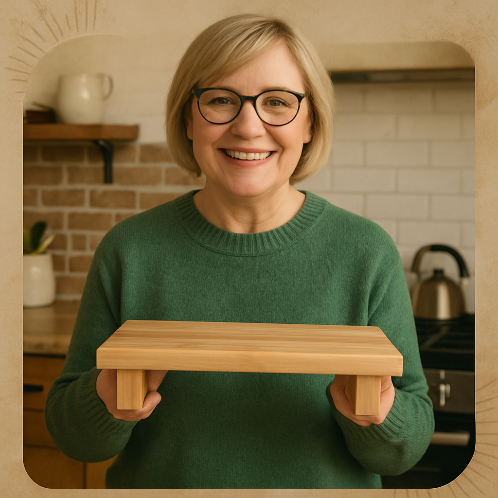 Smiling middle-aged woman with short blonde hair and glasses, wearing a green sweater, holding a WoodenLOX stovetop shelf in her kitchen