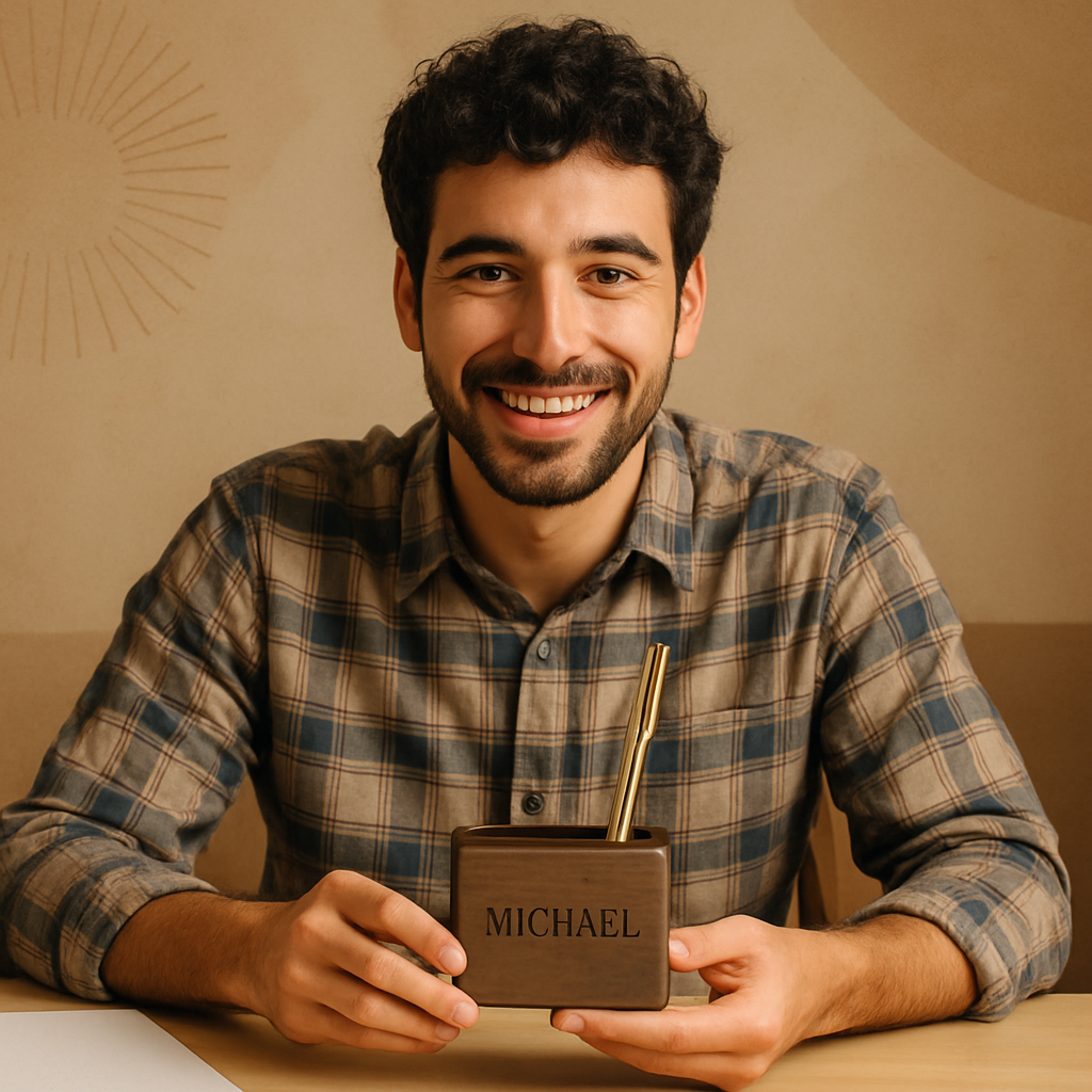 Young man with dark curly hair and beard, wearing a plaid shirt, smiling and holding a personalized walnut pen holder on a desk