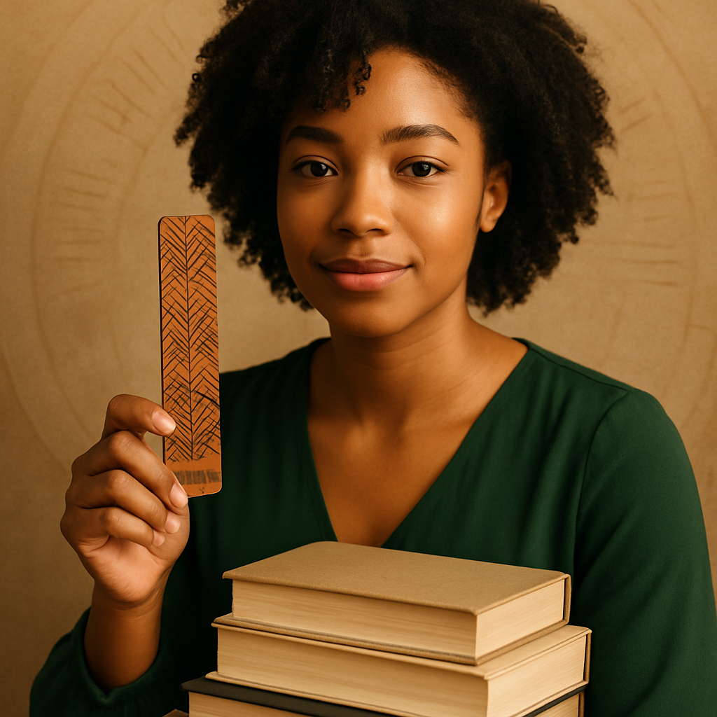 Young Black woman with natural curls, forest green blouse, posing with a WoodenLOX bookmark and a stack of books