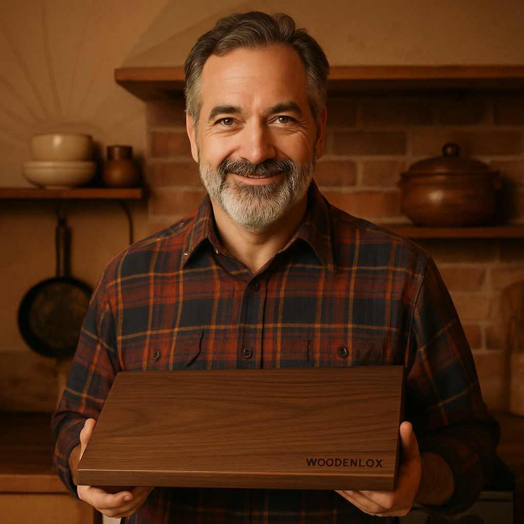 Middle-aged man with salt-and-pepper beard, wearing a flannel shirt, holding a WoodenLOX walnut stovetop shelf in a rustic kitchen