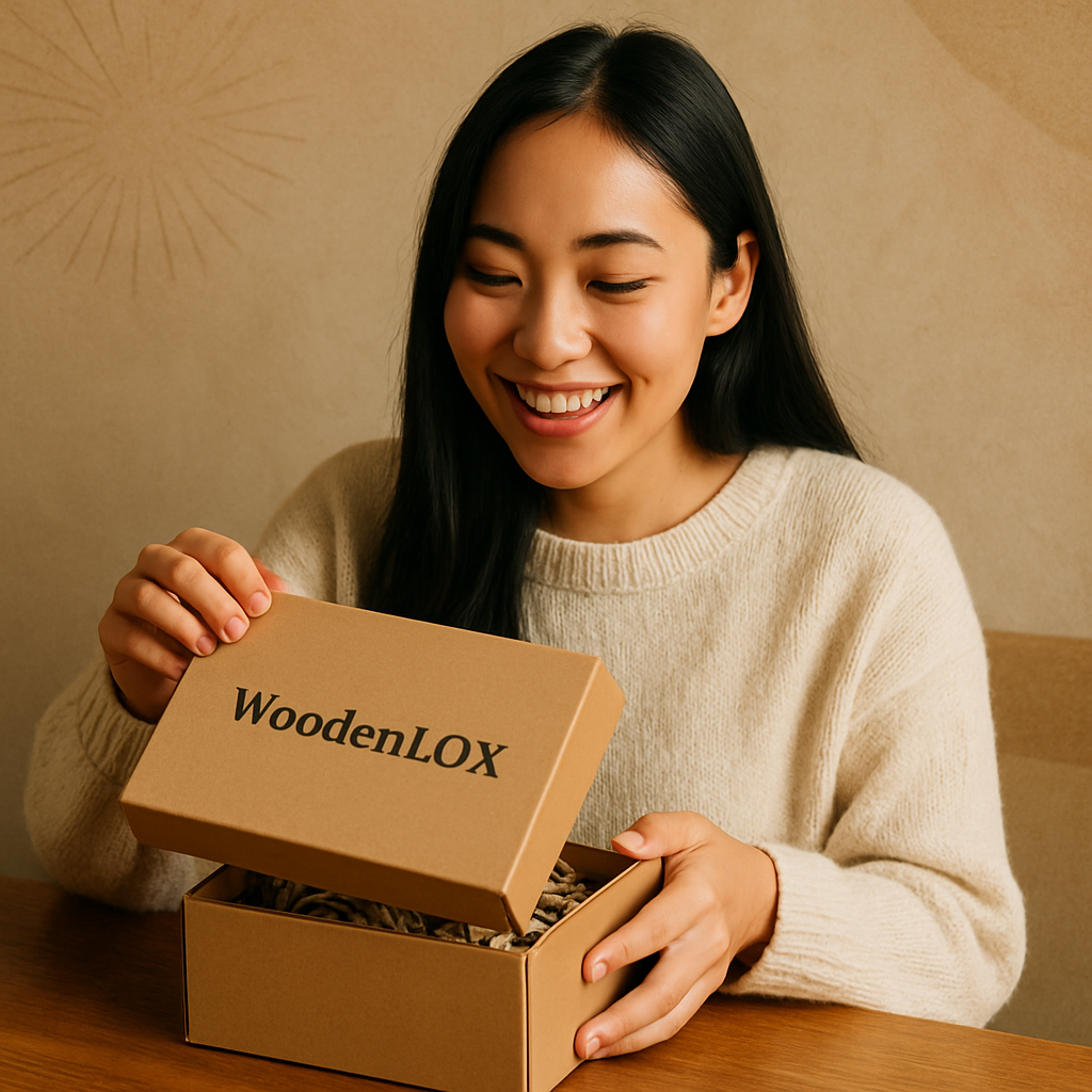 Young Asian woman with long black hair, cozy cream sweater, smiling while unboxing a WoodenLOX gift box