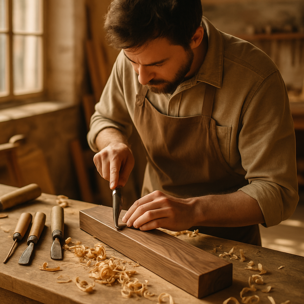 Woodworker in sunlit workshop carving a walnut shelf