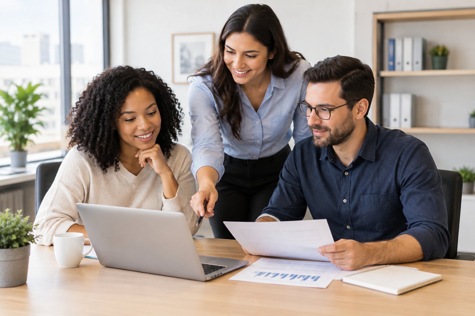 Professional, approachable business support team in a calm office helping clients