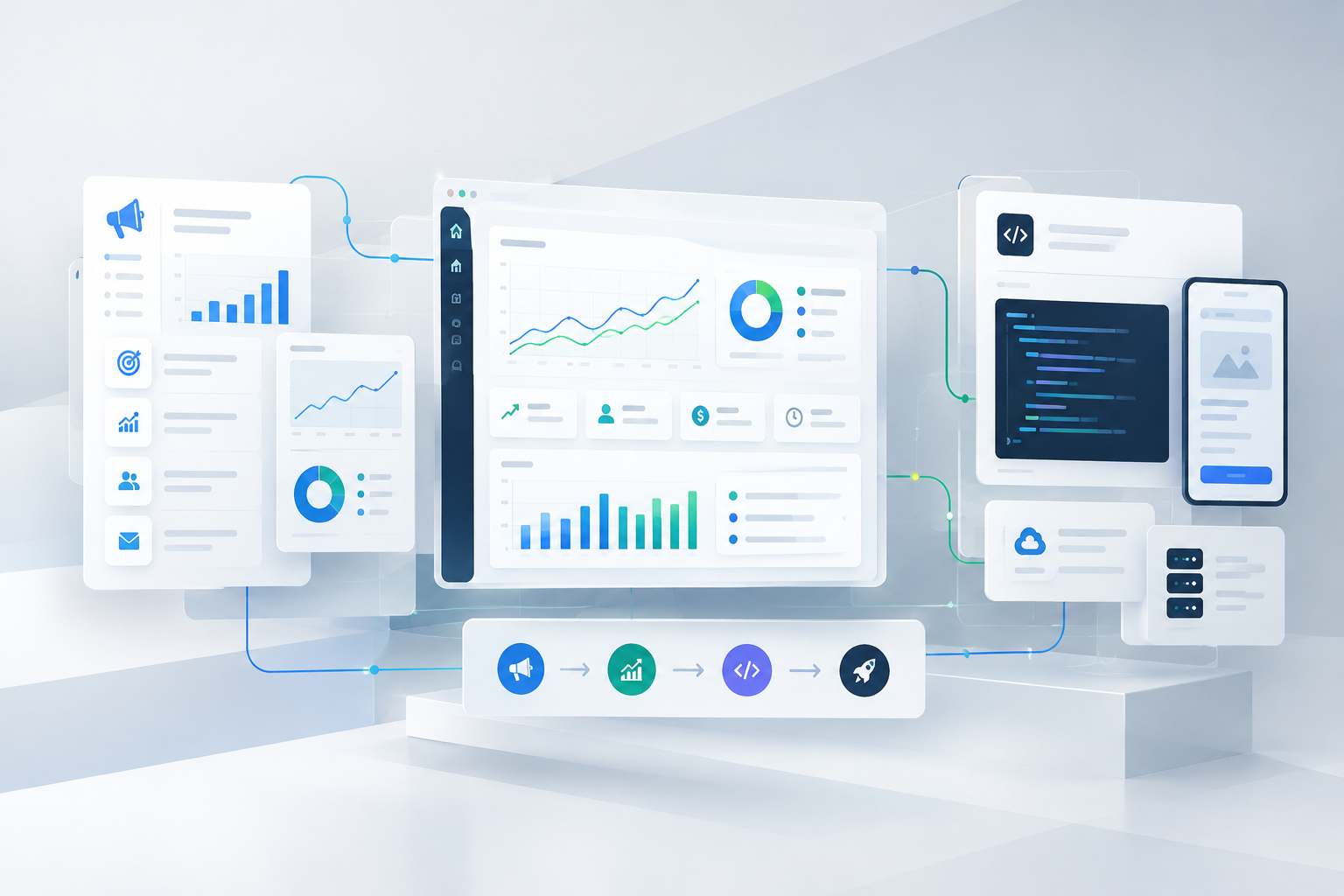 Abstract business technology visual with layered analytics dashboards, workflow lines, and structured interface panels in a modern corporate style