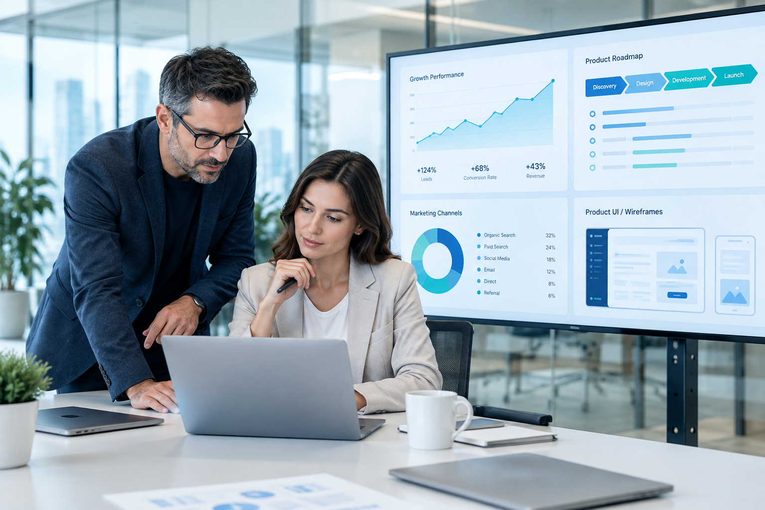 Refined digital business workspace with dashboard screens, strategy notes, and software execution planning