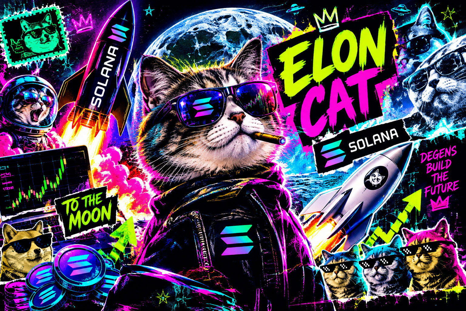 Chaotic wide-format Solana meme collage with Elon Cat energy, neon web-punk stickers, absurd cat visuals, and launch-hype typography