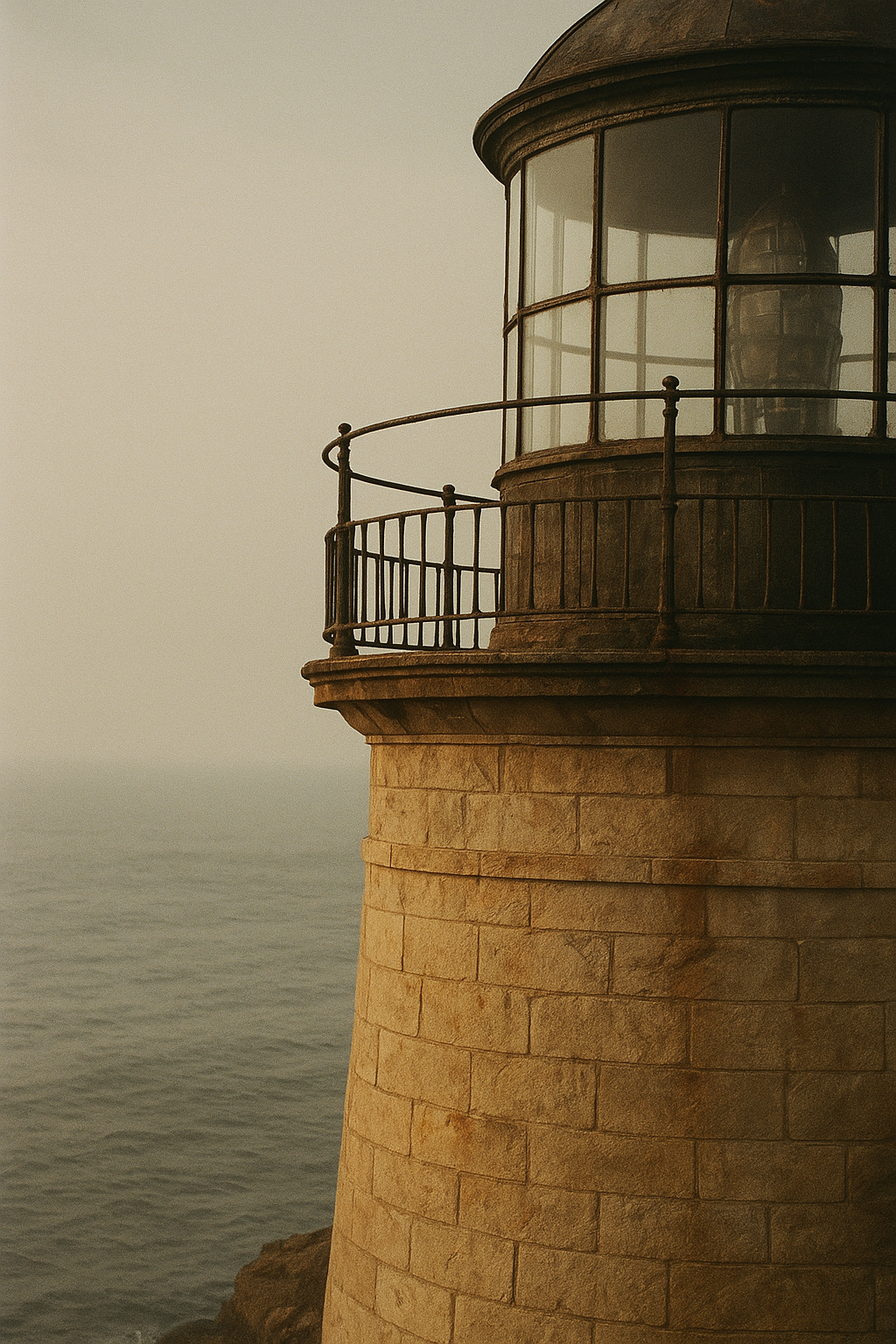 Archival-style photograph of a stone lighthouse tower corner facing the sea, showing weathered masonry, lantern gallery rail, and soft coastal haze