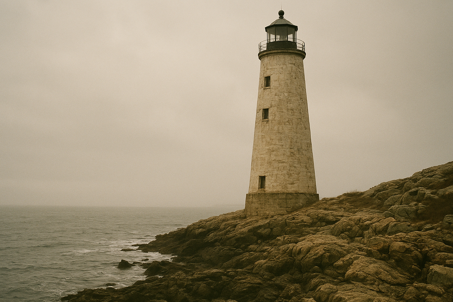 Northern coastal lighthouse standing on a weathered shoreline under moody natural light with warm archival film character